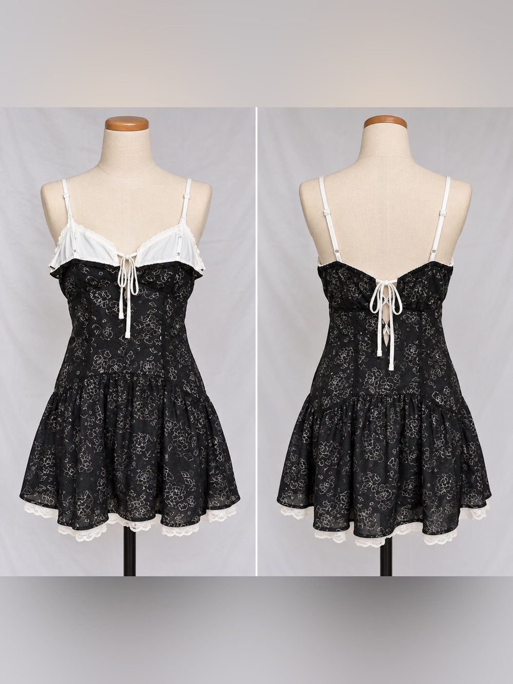 Seni & Cade Womens M Black White Floral Lace Mini Dress Tie Front NWT